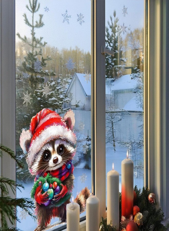 GRITOSE 1pcs Christmas Window Cling 11.8inch Christmas Hat Raccoon Designs Xmas Double-Sided Snowflake Windows Stickers Cute Cartoon Decals for Glassy Decor for Holiday Home Party Office Room Supplies - Image 5